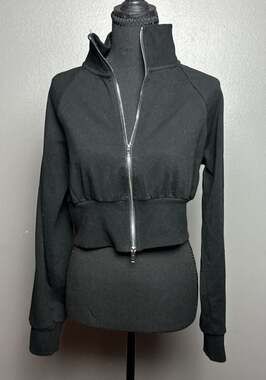Black Full Zip Cropped Jacket with Funnel Neck